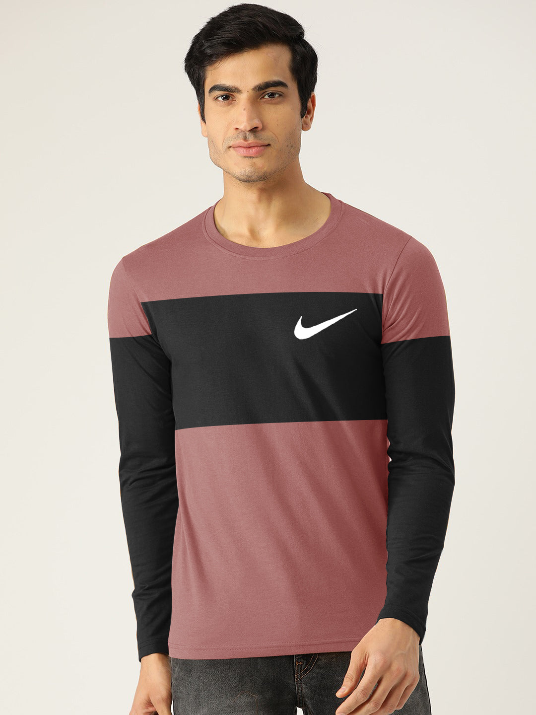 NK Crew Neck Single Jersey Long Sleeve Tee Shirt For Men-Dark Tea Pink with Black Panel-SP2300