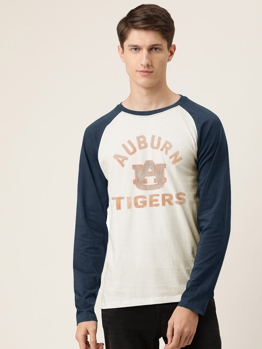 47 Raglan Sleeve Crew Neck Tee Shirt For Men-Off White & Navy with Print-SP2074