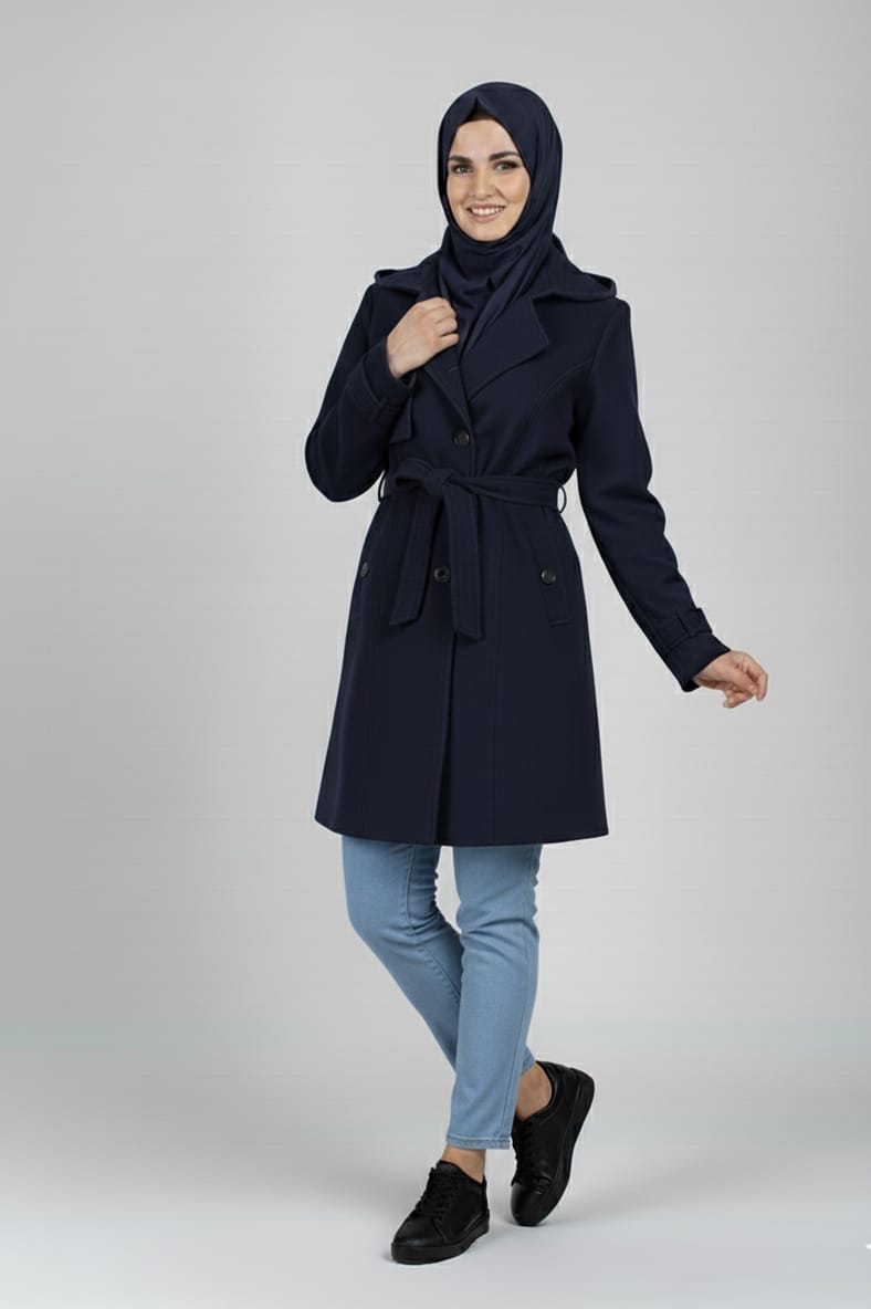 LV Stylish Long Trench Coat For Ladies Navy Blue - LV05