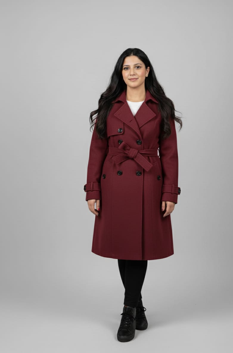 LV Stylish Long Trench Coat For Ladies Mehroon - LV04