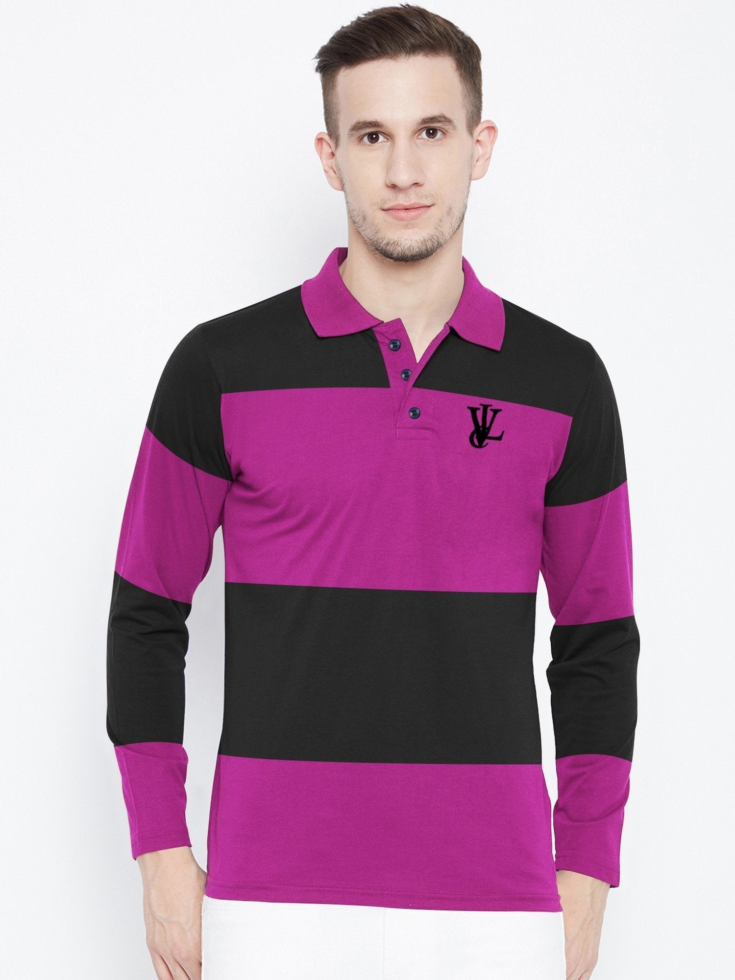 Louis Vicaci Long Sleeve Polo For Men-Black with Magenta-BR885
