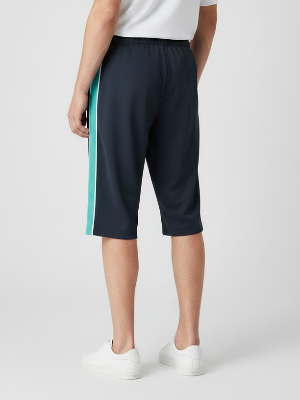 Stylish Knee Length Short For Men-Dark Navy With Cyan Stripe-BE3350