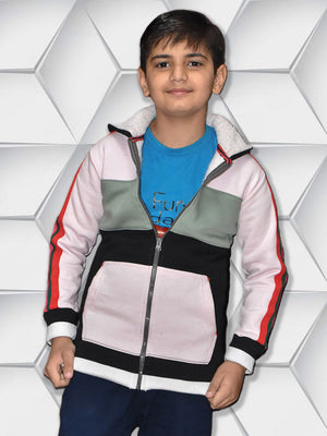 NXT Inner Fur Hood Fleece Full Zipper Hoodie For Kids-Light Pink with Blak Panel & Multi Stripes-BR14479