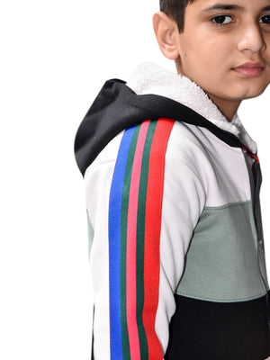 NXT Inner Fur Hood Fleece Full Zipper Hoodie For Kids-Light Pink with Blak Panel & Multi Stripes-BR14479