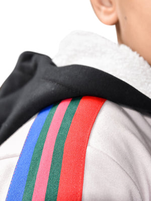 NXT Inner Fur Hood Fleece Full Zipper Hoodie For Kids-Light Pink with Blak Panel & Multi Stripes-BR14479