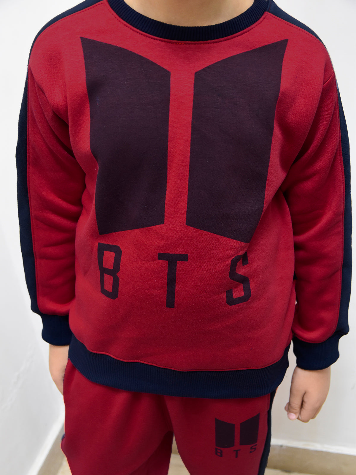 BTS Fleece Tracksuit For Kids-Dark Red with Navy Panels-BR879