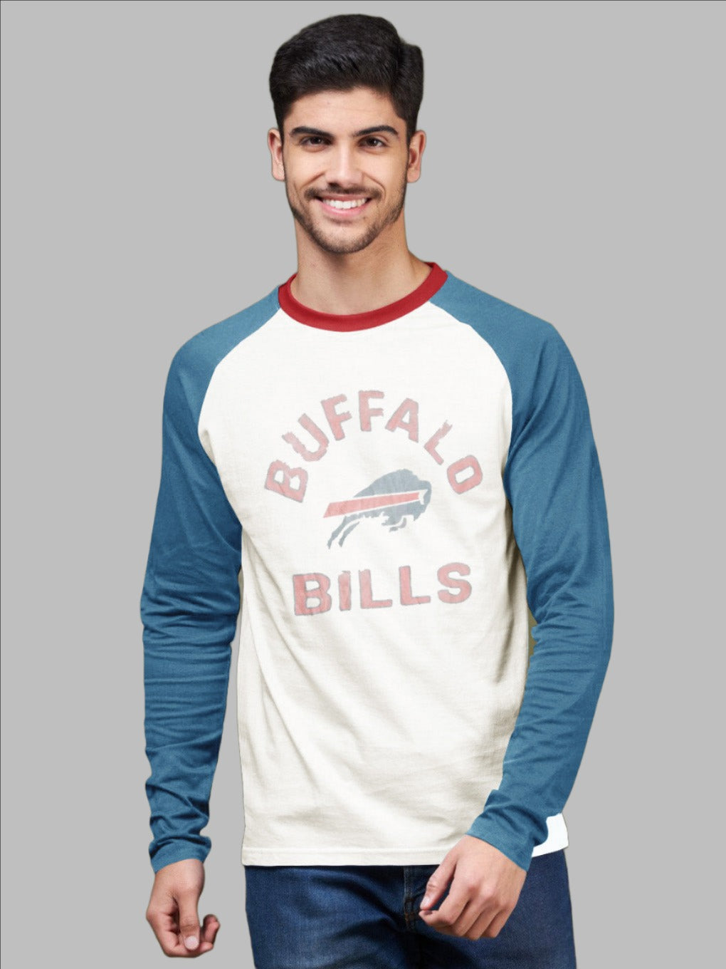 47 Raglan Sleeve Crew Neck Tee Shirt For Men-Off White & Light Blue with Print-SP2070