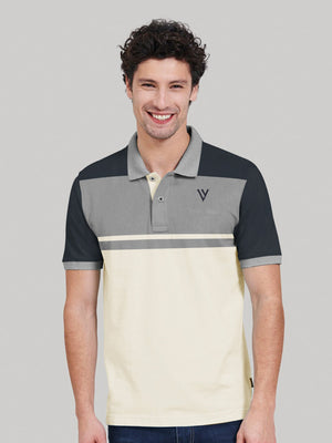 Summer Polo Shirt For Men-Off White With Grey & Dark Navy-SP6932