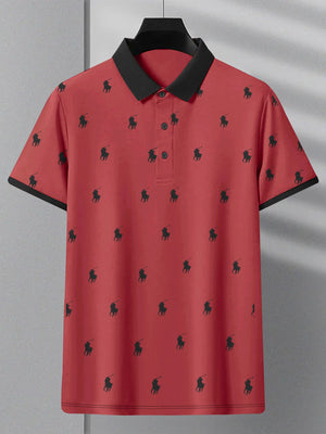 PRL Summer Polo Shirt For Men-Dark Red with Allover Print-BR12949