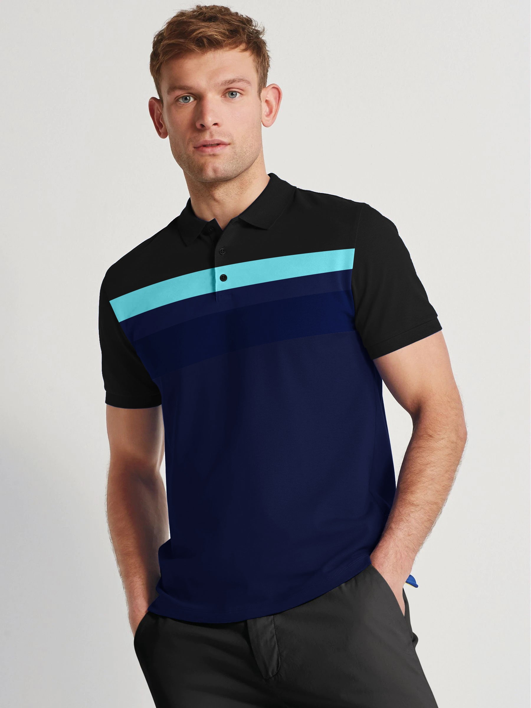 LV Half Sleeve Summer Polo Shirt For Men-Dark Navy & Black With Multi Panel-NA14354